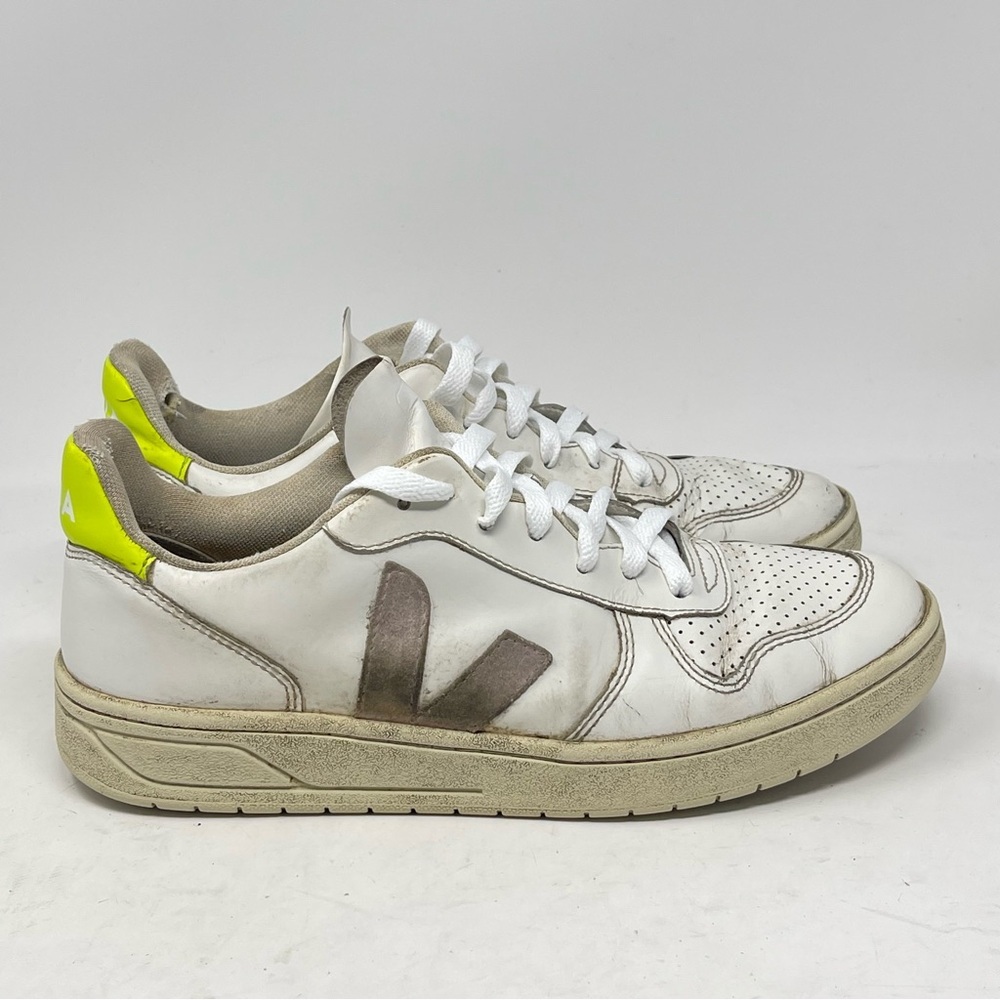 Veja Madewell Sneakers Womens 9 Neon White Leather Low Top Lace Up Beater Shoes